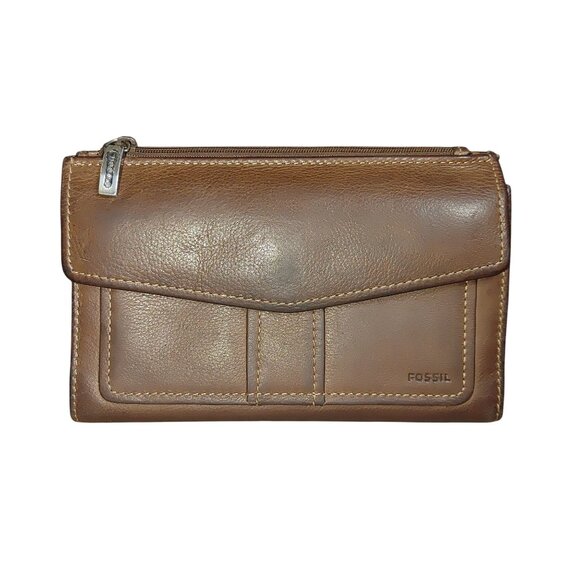 Fossil Brown Leather Wallet Clutch Multiple Slots Snap Zip Closures Organizer - Picture 9 of 9